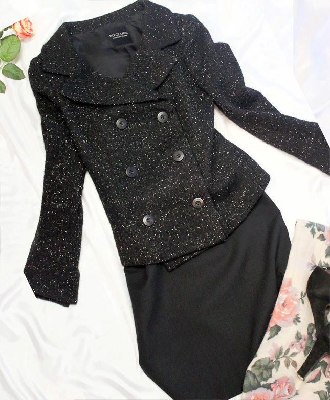 ツイードダブルジャケット あったか素材で冬のオシャレ<br />Black tweed double jacket