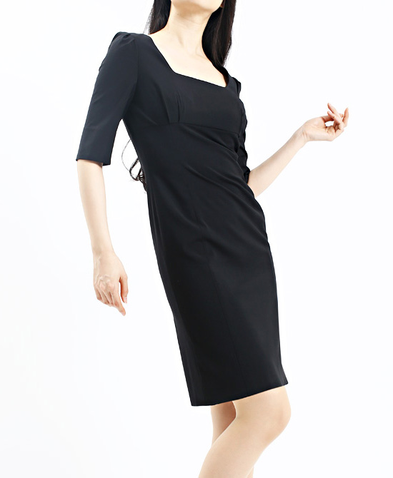 ワンピース ハイウエスト切替七分丈<br />Black High Waisted Dress W/Quarter Sleeve