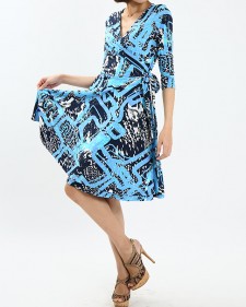 カシュクールワンピース ミラノインポート 明るくさわやかなマリンブルー<br />Blue Abstract Print Wrap Dress, Imported Fabric From Milan