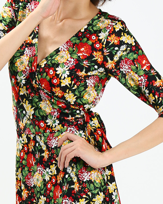 カシュクールワンピース ミラノインポート 花柄フレアーワンピース<br />Floral Print Wrap Dress, Imported Fabric From Milan