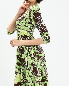 カシュクールワンピース ミラノインポート グリーンカラー<br />Green Abstract Print Wrap Dress, Imported Fabric From Milan