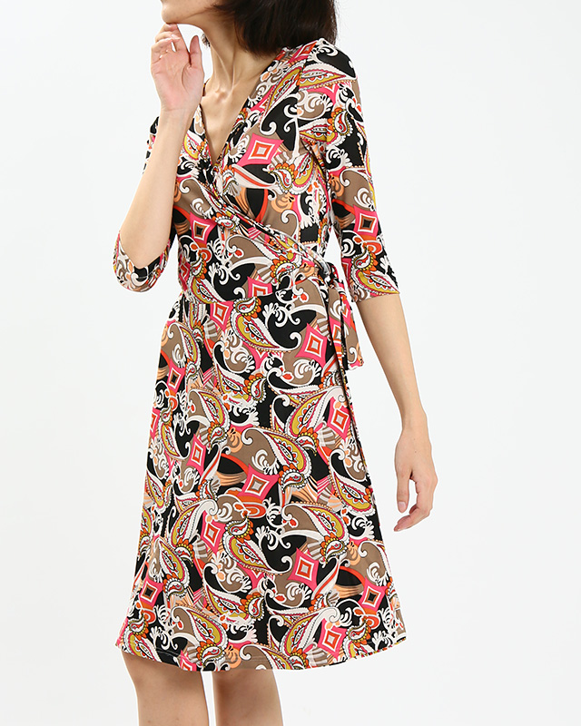 カシュクールワンピース ピンクペイズリー<br />Pink Abstract Print Wrap Dress