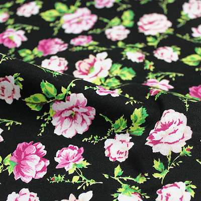 MON TRESOR COLLECTION ストレッチ ブラック×ピンク×グリーン 花柄(4417-35) / Black Stretch Cotton Floral