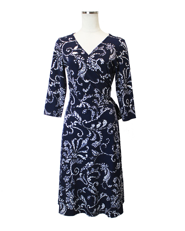 フレアーカシュクール フラワーネイビー<br /> crossover navy dress in flower print