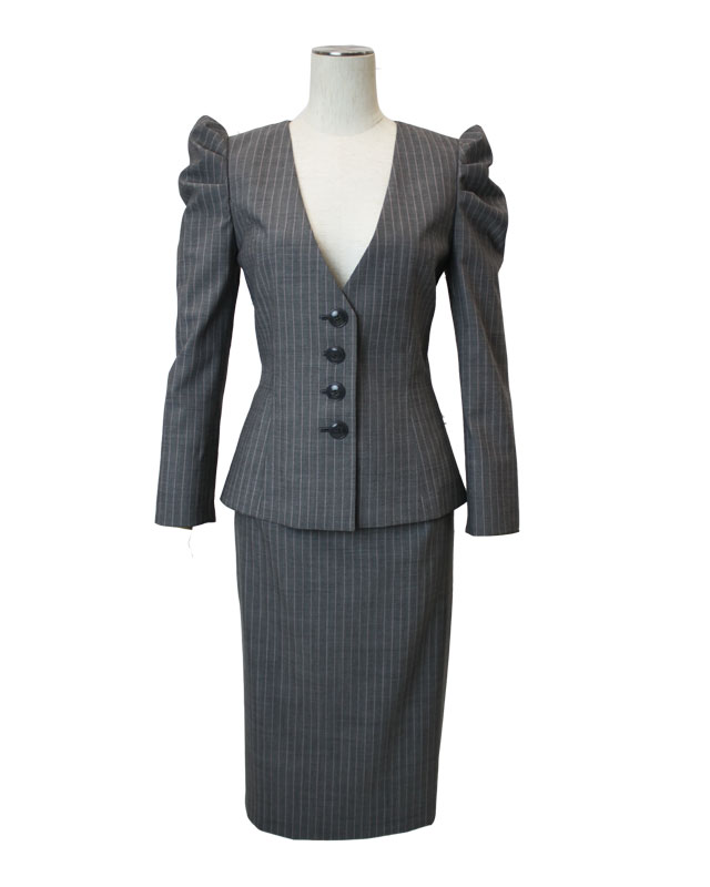 スカートスーツ グレー ストライプ(ピンク)<br />Gray Wool Mix Skirt Suit with puffed sleeves