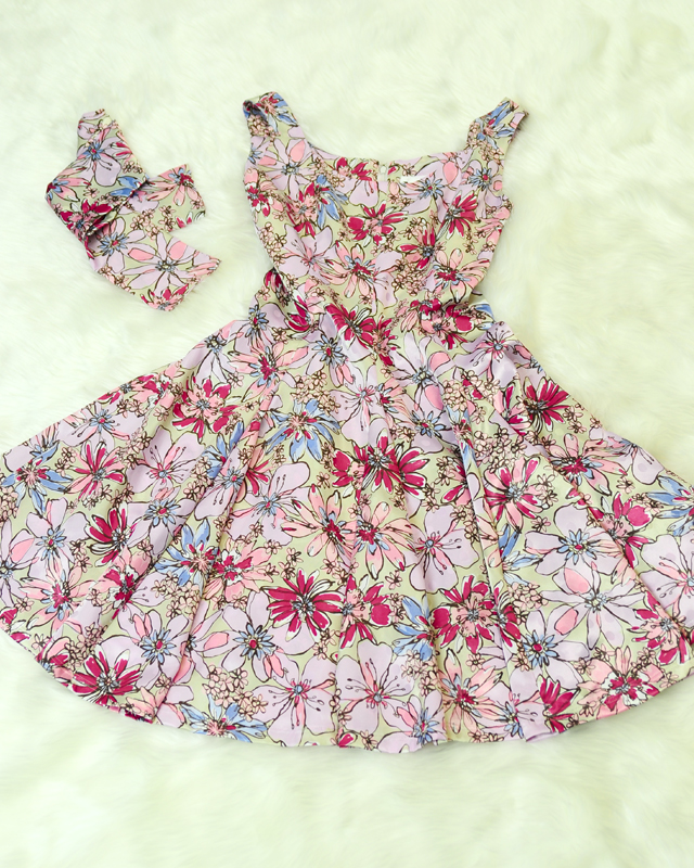 サーキュラーワンピースベージュ&ピンク花柄/Circular dress in Floral print