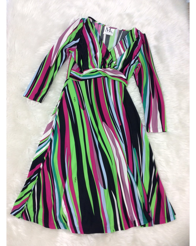 鮮やかなプッチ柄七分袖グリーンドールワンピース<br />Parolari Emilio Pucci quarter sleeve flare dress