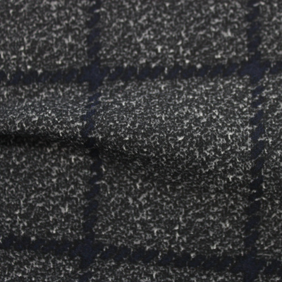 ナイロンハイテンションプリント（裏起毛）グレー＆ネイビー格子柄（49686－1）Nylon Printed Knitted Fabric Gray & Navy Plaid