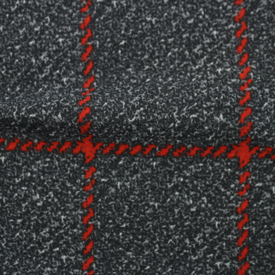 ナイロンハイテンションプリント（裏起毛）グレー＆レッド格子柄（49686－2）Nylon Printed Knitted Fabric Gray & Red Plaid