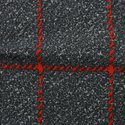 ナイロンハイテンションプリント(裏起毛)グレー&レッド格子柄(49686-2)Nylon Printed Knitted Fabric Gray & Red Plaid ナイロンハイテンションプリント(裏起毛)グレー&レッド格子柄(49686-2)Nylon Printed Knitted Fabric Gray & Red Plaid