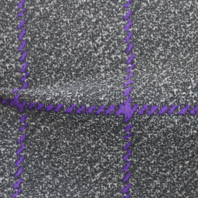 ナイロンハイテンションプリント（裏起毛）グレー＆パープル格子柄（49686－3）<br />Raised Gray & Purple Plaid Fabric