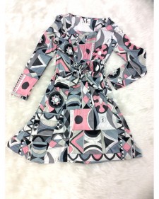 大人っぽいグレーのプッチ柄ねじりワンピース<br />Gray Dress with Twisted Waist in Pucci Fabric-Adult Women’s Choice