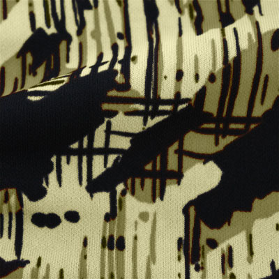 強撚スムースストレッチ　ブラウン・ベージュ抽象柄 プリント （KKP2999-22-A）Hard Twist Yarn Fabric, Brown and Beige Abstract Print