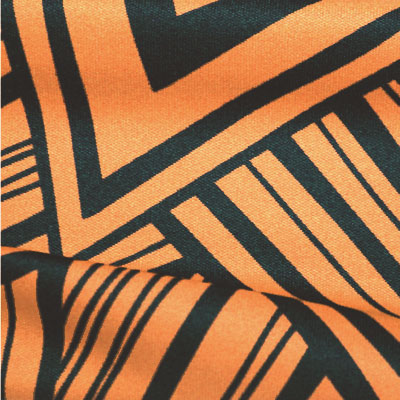 スムースストレッチニット　オレンジ・ブラック幾何柄プリント （KKP3399-87-OR）Black＆Orange Geometric Print, Smooth Stretch Knit