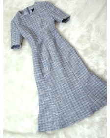 対照的なミックス感がシック♪ブルーツイード5分袖ワンピース<br />Cosy & Chic Blue Tweed Dress With Quarter Sleeves.