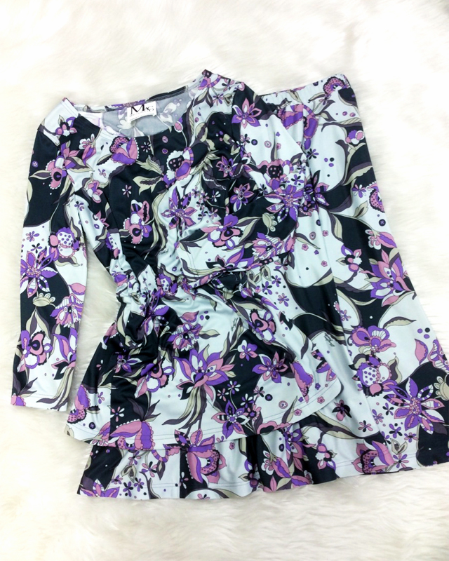 流行りの花柄を使用したツーピース♪爽やかなパープル色がキュート<br />A top and skirt with trendy flower design♪The refreshing purple color is especially cute