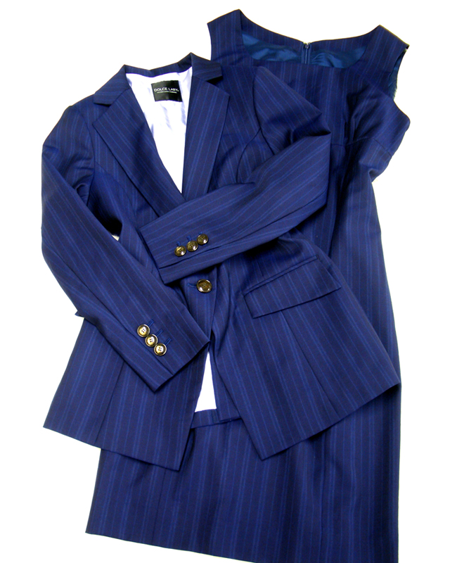 夏生地のワンピーススーツ♪紺色にブルーストライプ<br />Suit with matching dress and jacket♪ Navy summer fabric with blue stripes