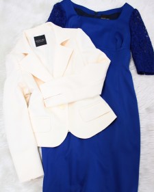 白ジャケット・青レース袖ワンピース/＜br>White jacket, blue lace sleeve  one piece dress